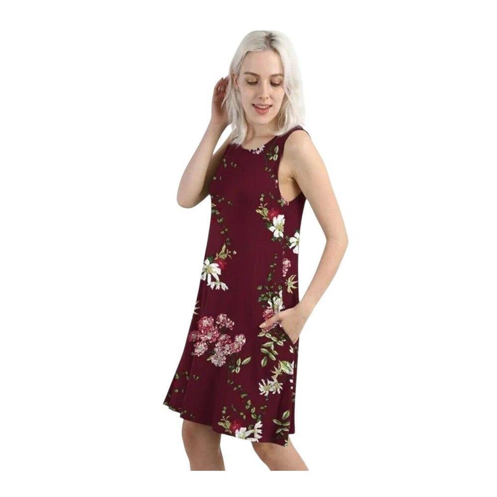 Burgundy NEW! Beach Casual Sleeveless Floral Print Tank Loose Sundress Pockets